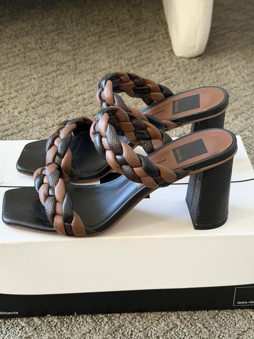 DOLCE VITA Braided Two-Tone Brown & Black Block Heel Sandals Size 7